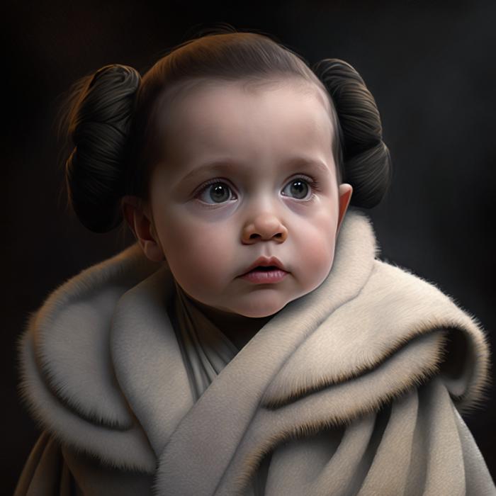 Leia Organa de Star Wars recréé en version bébé par une IA.