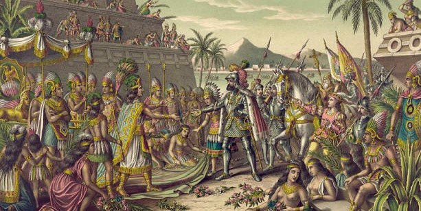 Spanish conquistadors facing the Aztecs