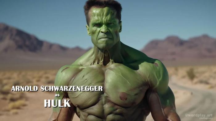 Arnold en Hulk avec un regard méchant