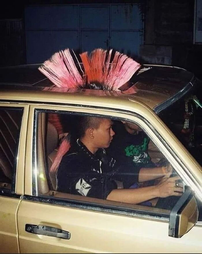 un coiffure punk qui dépasse de la voiture