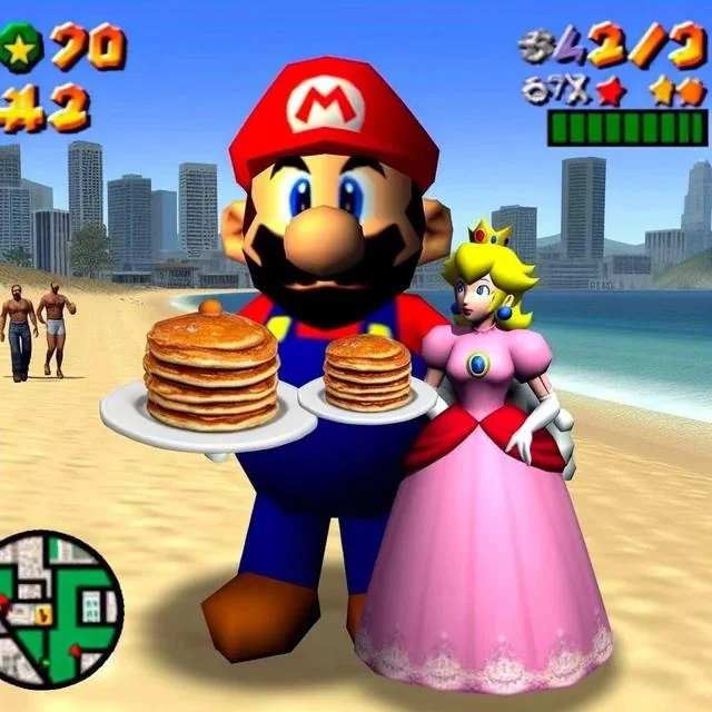 Mario et Peach sur une plage tenant des pancakes sur une assiette