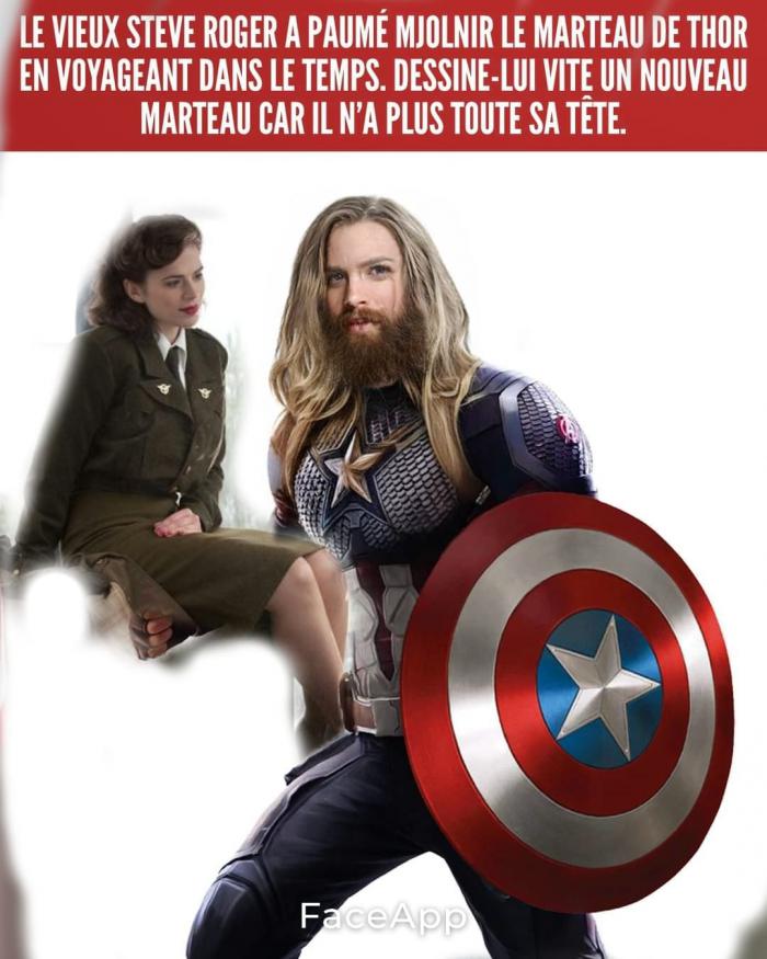 Captain America avec des cheveux blonds et une barbe et Peggy Carter