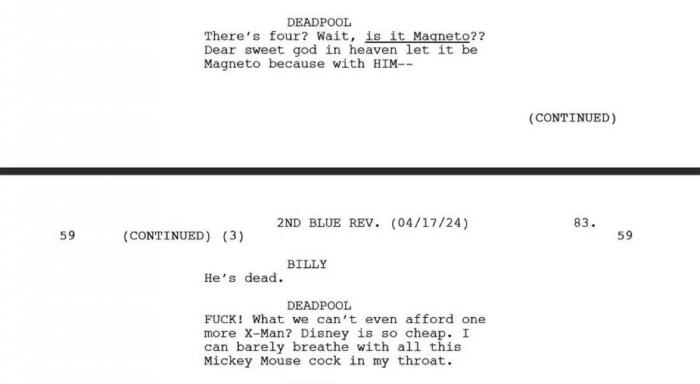 page du script de Deadpool 3 avec la blague sur Mickey