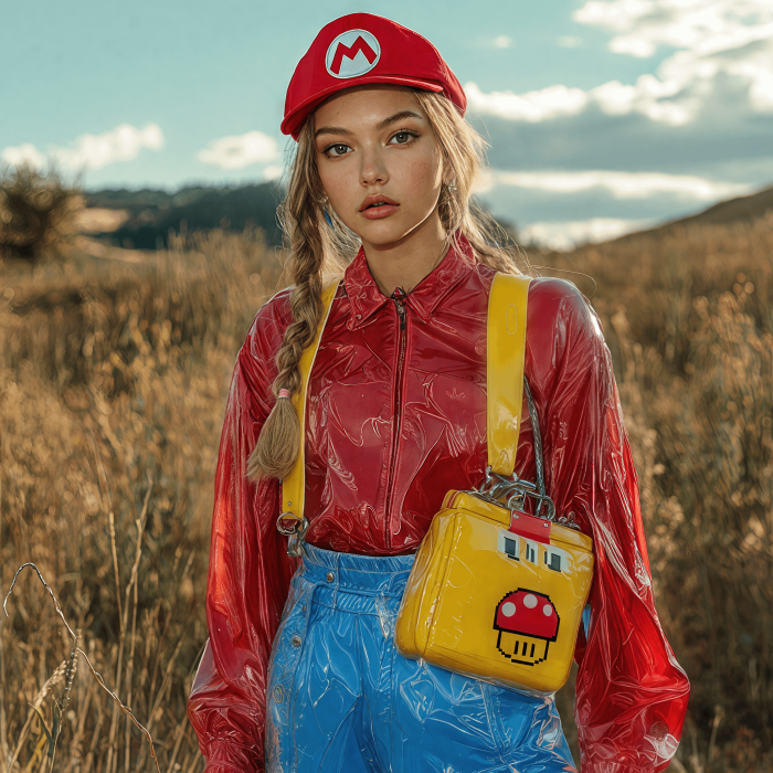 Une petite tenue femme Mario avec un sac champignon