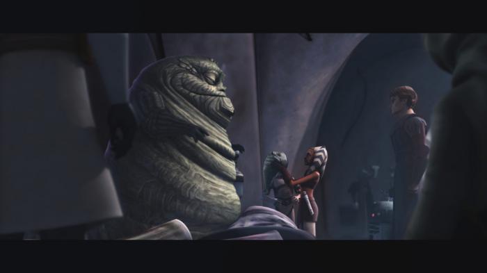 De gauche à droite : Jabba, Rotta, Ahsoka et Anakin