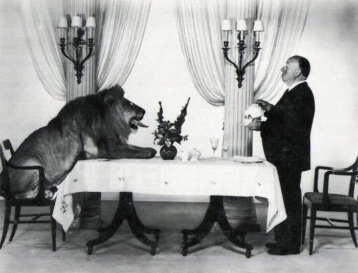 Alfred Hitchcock servant du thé à Leo le lion en 1958