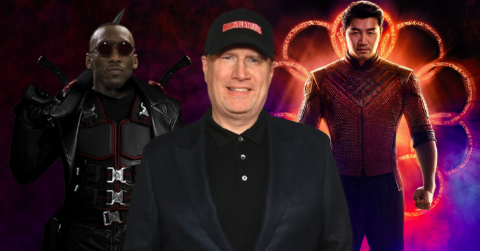 Mahershala Ali (Blade, Kevin Feige (président de Marvel Studios) et Simu Liu (Shang-Chi)