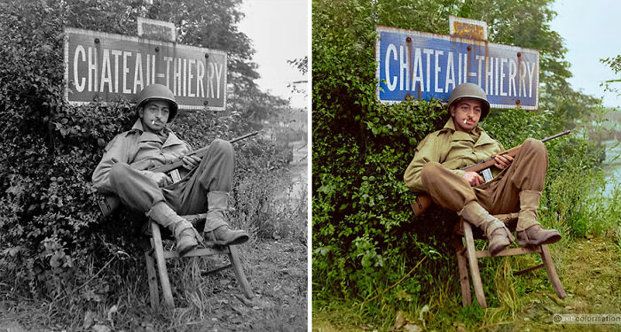 Un soldat américain fait une pause près de Château-Thierry, France