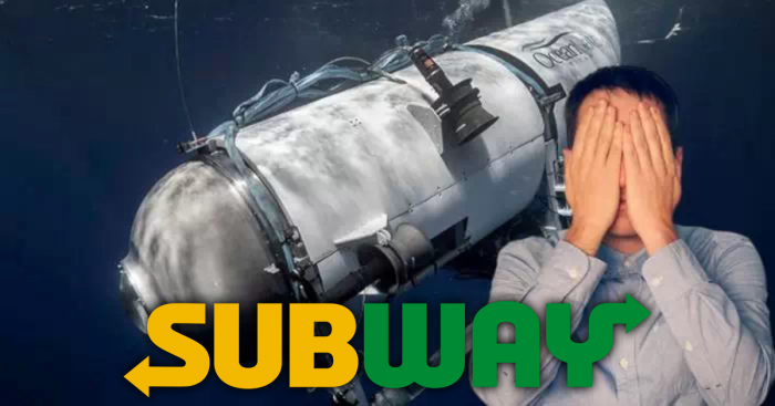 Mec qui se cache le visage, sous-marin Titan et le logo des restaurants Subway