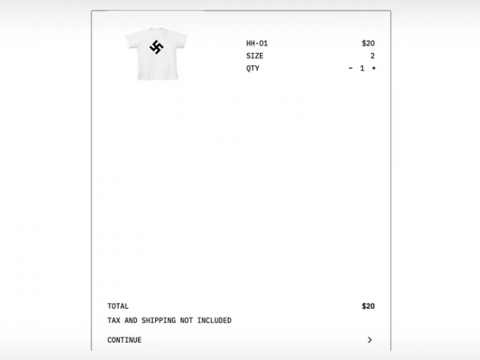 Site de Kanye West qui vend des t-shirts avec une croix gammée