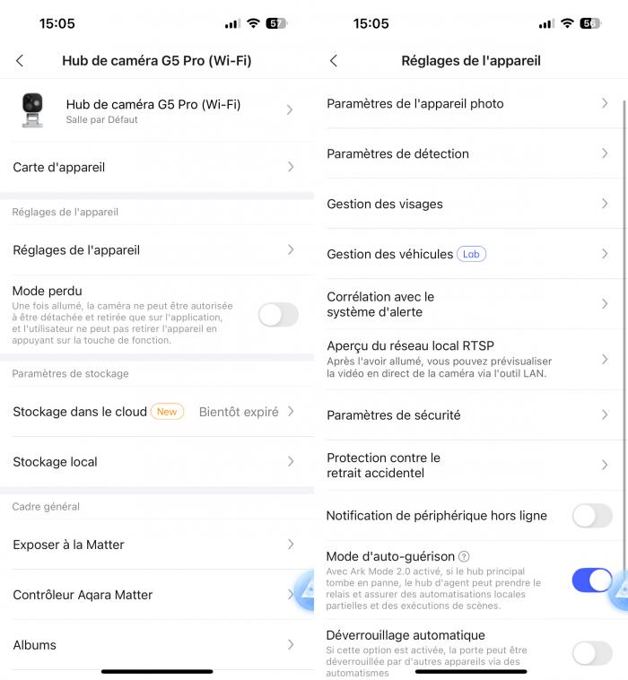 Application réglages Aqara G5 Pro