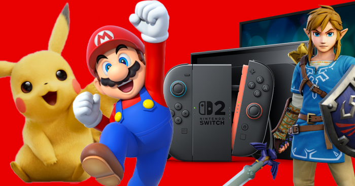 Nintendo Switch 2, Super Mario, Pikachu (Pokémon) et Link (The Legend of Zelda)