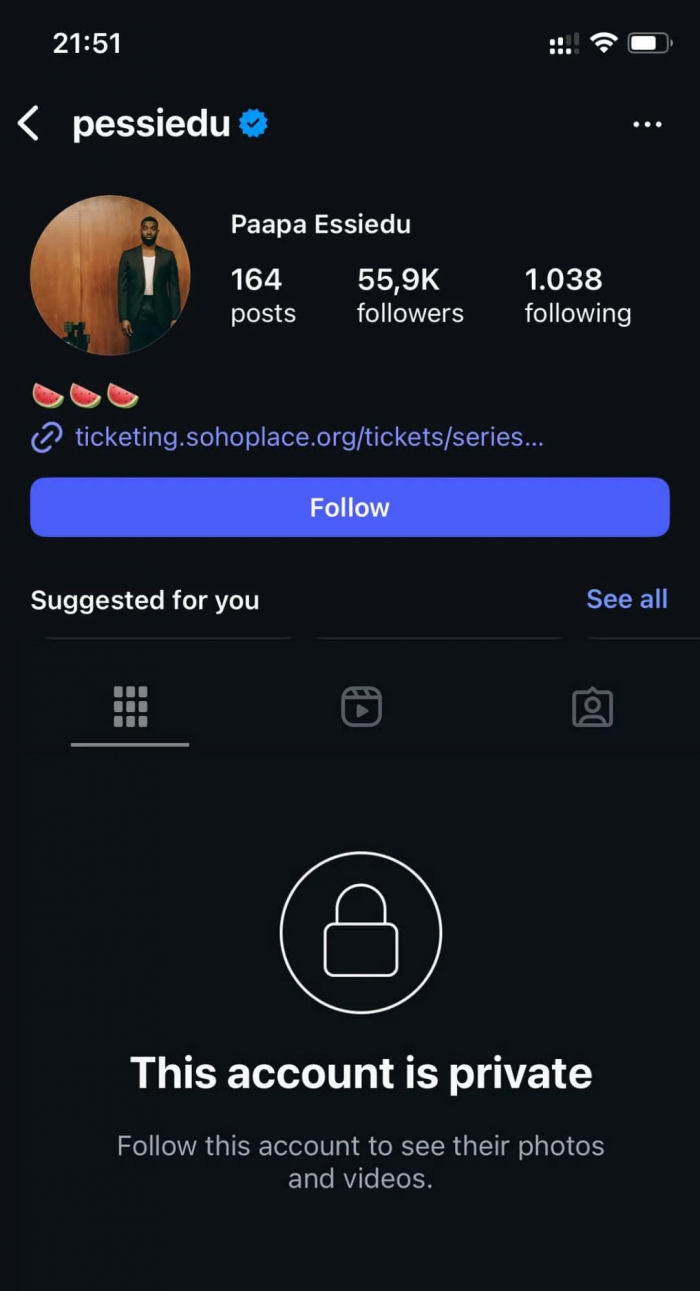 Compte Instagram de Paapa Essiedu en privé