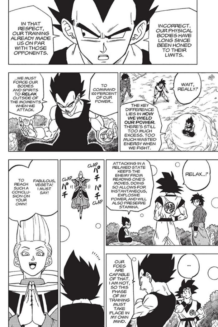 Vegeta dans Dragon Ball Super, expliquant le nouveau système des niveaux de puissance à Goku.