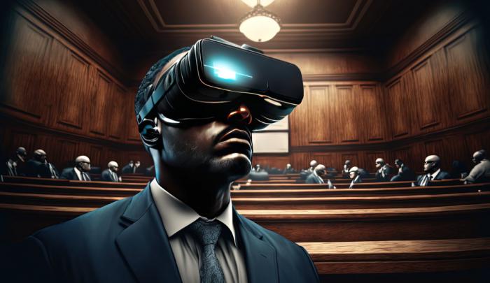 Homme avec un casque VR dans un tribunal