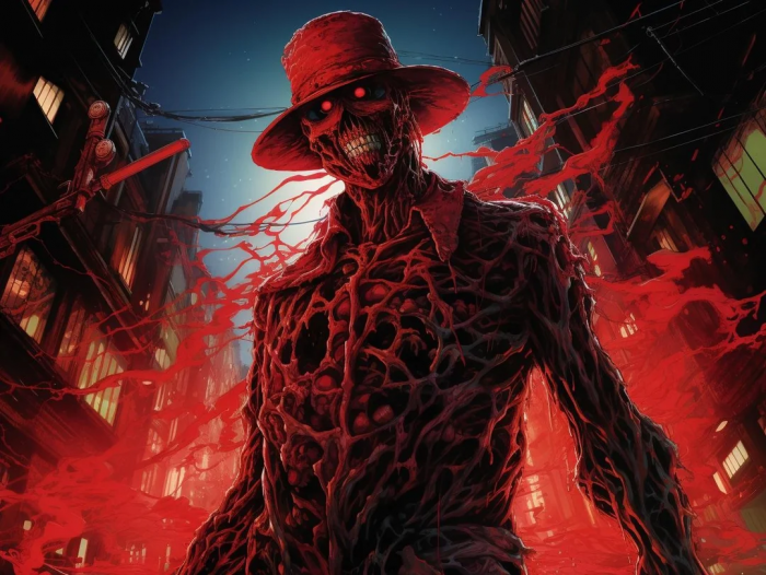 Freddy dans la rue avec du sang derrière