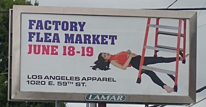 un publicité avec une femme et une échelle