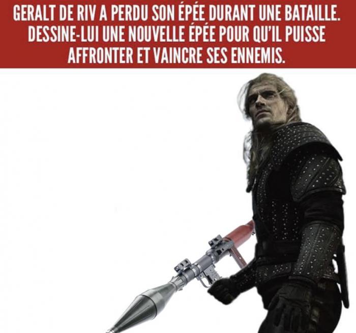 Geralt qui tient un bazooka
