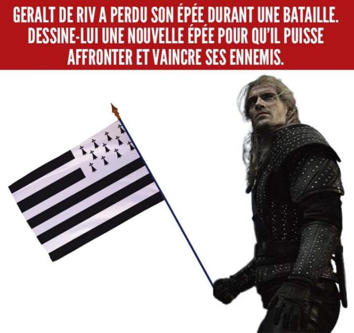Geralt qui tient un drapeau breton