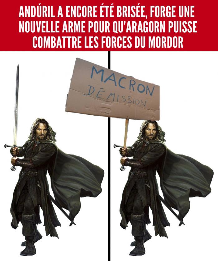 Aragorn avec un panneau en carton