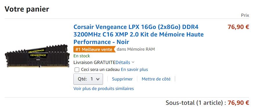 Corsair Vengeance LPX 16Go (2x8Go) DDR4 3200MHz C16 XMP 2.0 Kit de Mémoire  Haute Performance - Noir : : Informatique