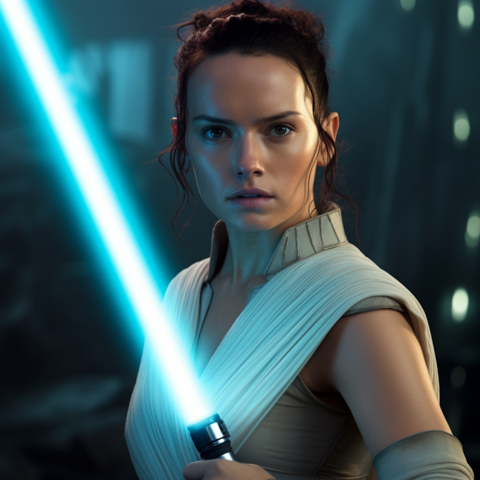 Rey avec un sabre laser bleu dans Star Wars X 