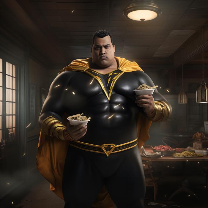 Black Adam recreated in an obese version by an AI.