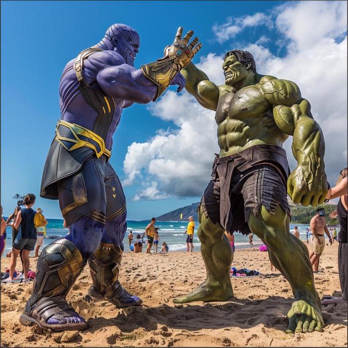 Thanos et Hulk sur la plage