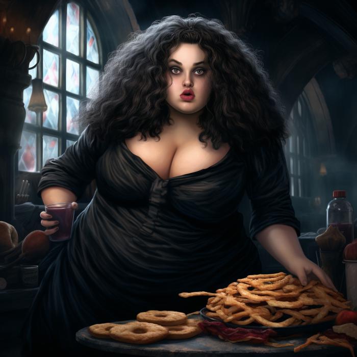 Bellatrix Lestrange recréée en version obèse par une IA.