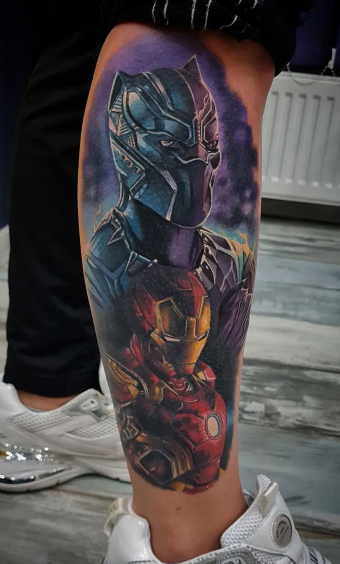 tatouage marvel black panther et iron man