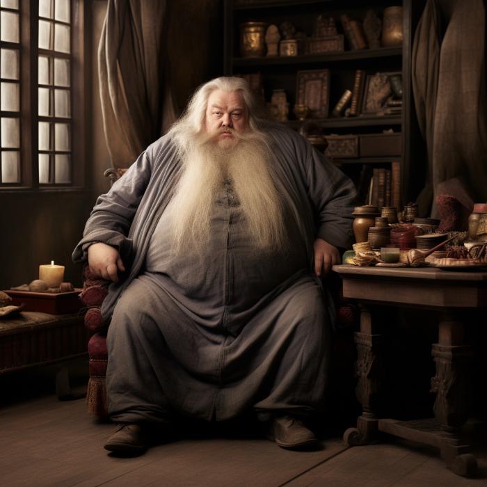 Albus Dumbledore recréé en version obèse par une IA.