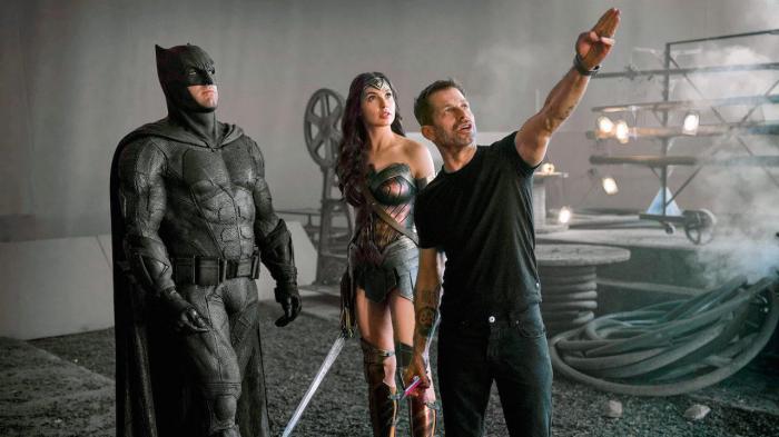 Ben Affleck, Gal Gadot et Zack Snyder sur le tournage de Justice League