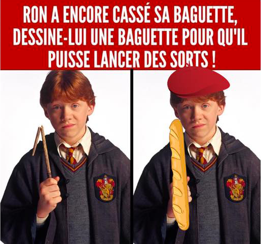 Ron Weasley qui porte un beret et une baguette