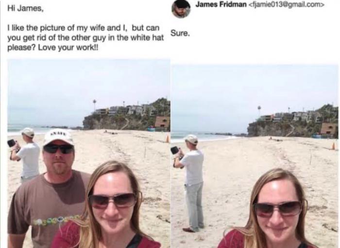 un couple sur une plage avec un homme en arrière-plan