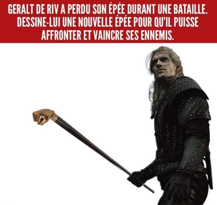 Geralt qui tient une canne