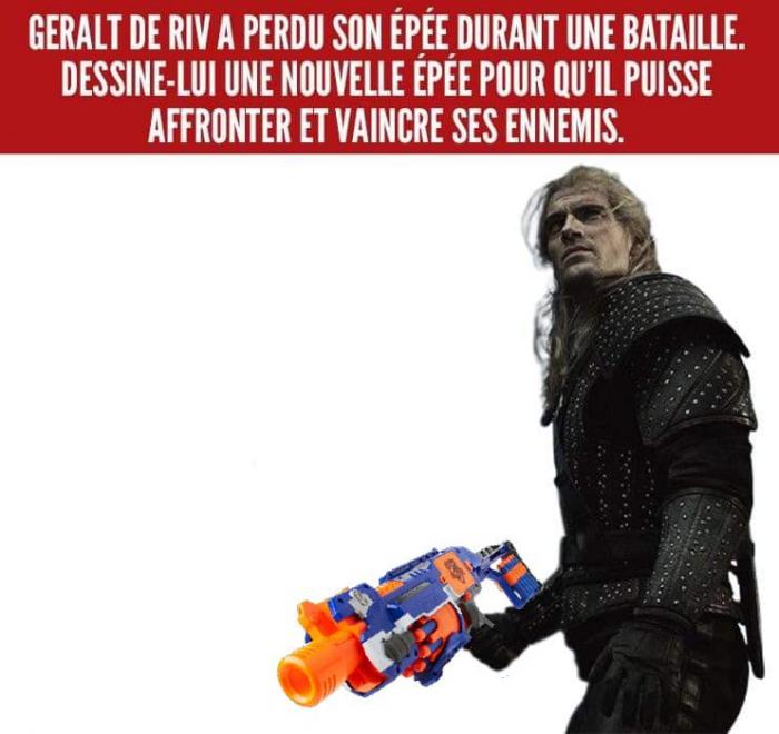 Geralt qui tient un pistolet à eau