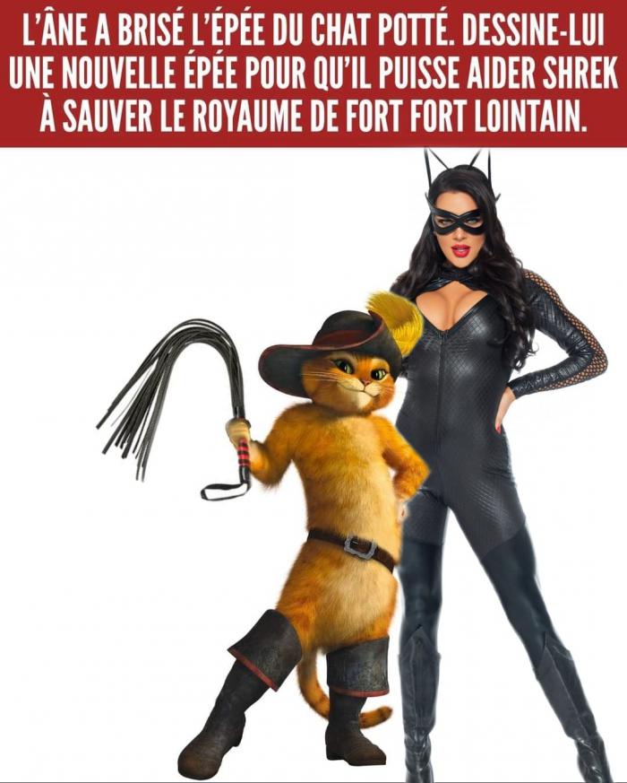 Le Chat Potté avec un fouet et Catwoman