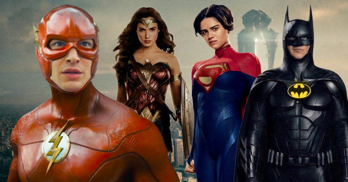 Flash (Ezra Miller), Wonder Woman (Gal Gadot), Supergirl (Sasha Calle) et Batman (Michael Keaton)