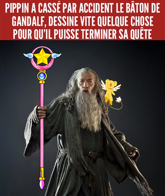Gandalf avec le sceptre de Sakura le chasseuse de cartes et Kero