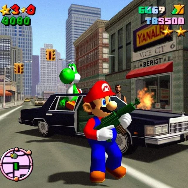 Mario tire des coups de feux et Yoshi dans une voiture