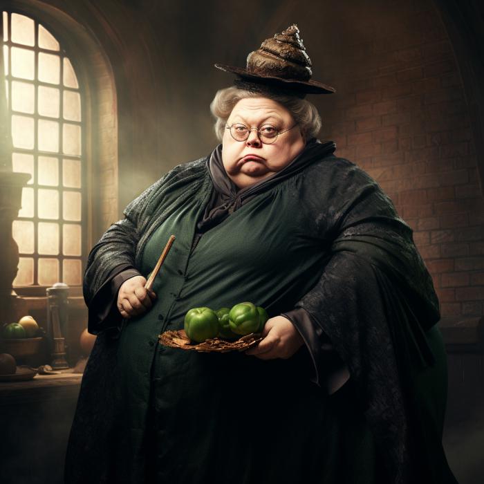 Minerva McGonagall recréée en version obèse par une IA.