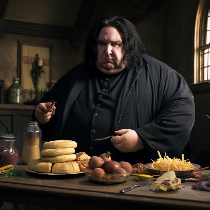 Severus Rogue recréé en version obèse par une IA.