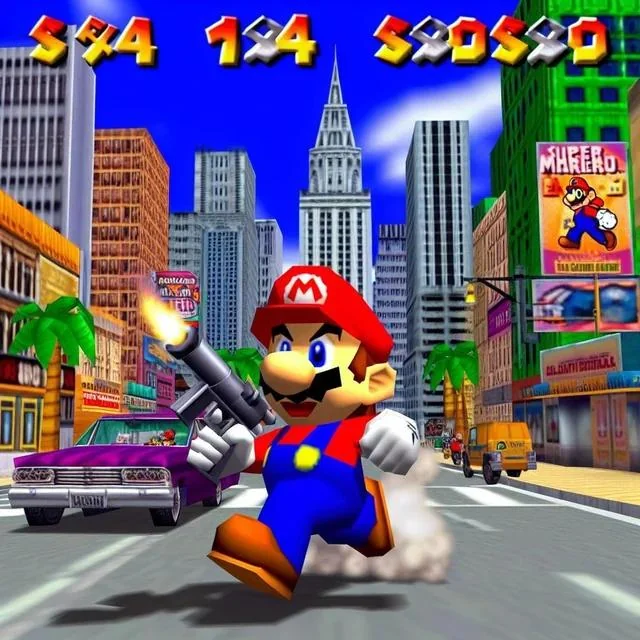 Mario avec une arme dans les rues de Vice City