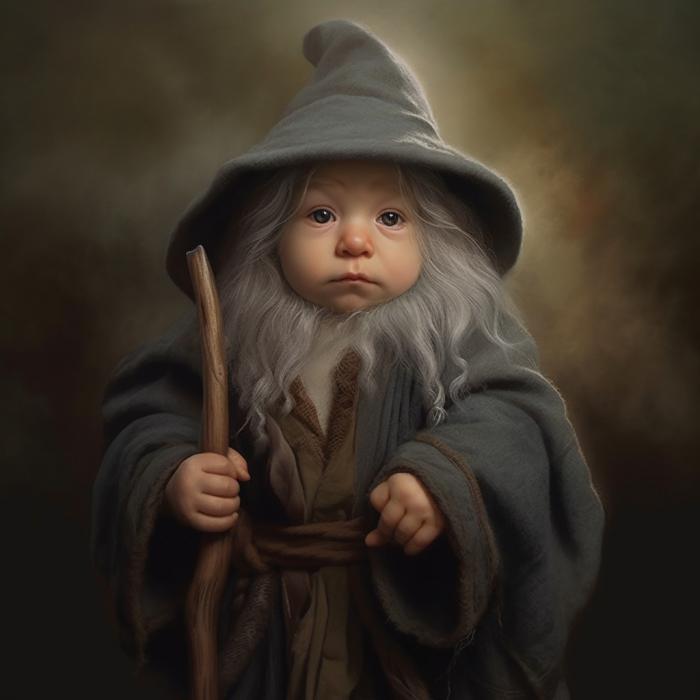 Gandalf recréé en version bébé par une IA.