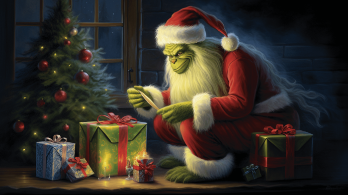 Grinch en père Noël avec des cadeaux