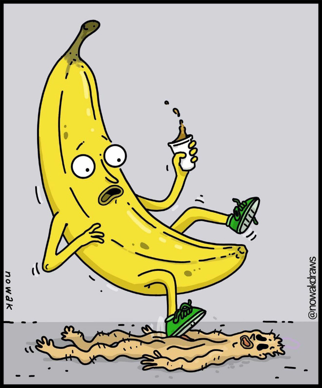 une banane qui glisse sur un humain