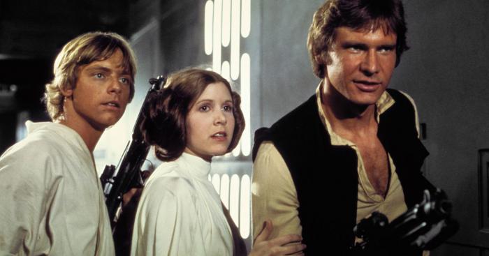 Mark Hamill, Carrie Fisher et Harrison Ford dans Star Wars : un nouvel espoir. 