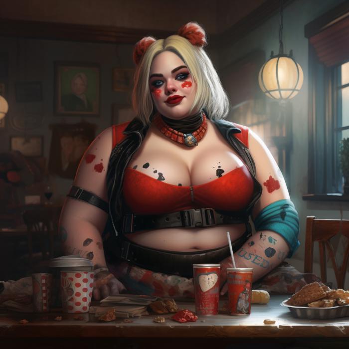 Harley Quinn recreated as an obese version by an AI.