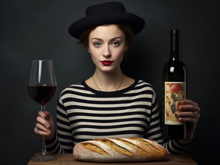 une femme en france avec du pain et du vin
