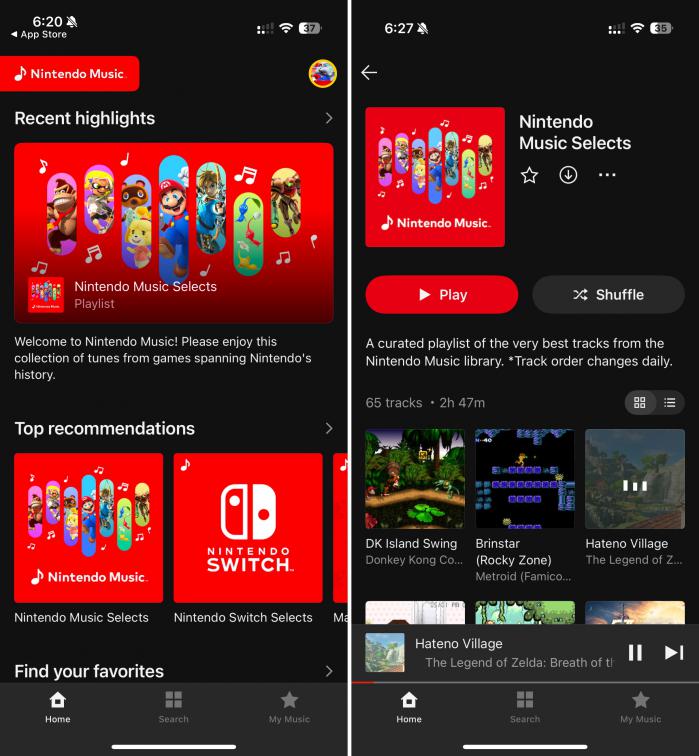 Interface du Nintendo Music